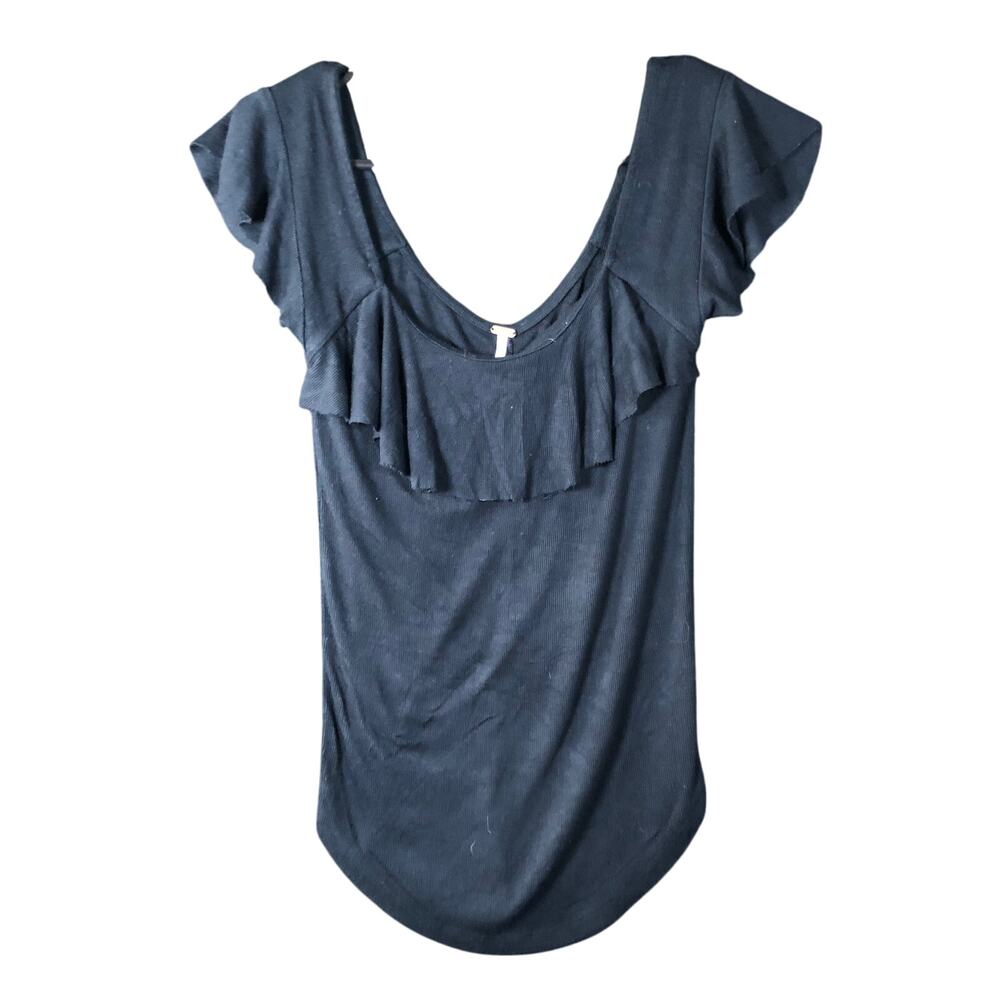 Free People Womens Blouse Black Off Shoulder Ruffle Front Stretch Medium